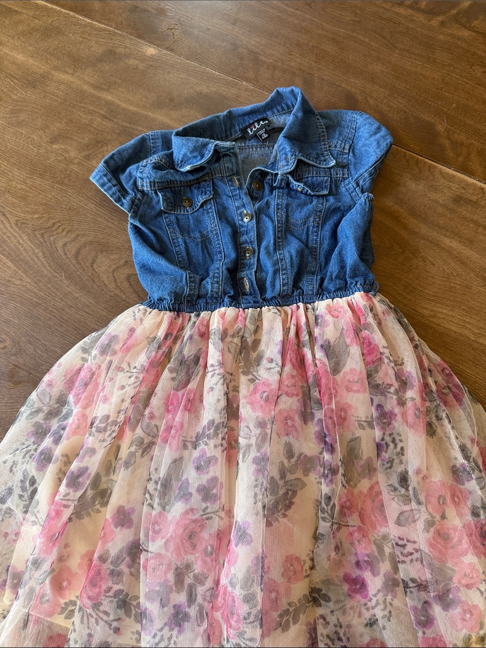 lilt Denim Bodice Dress with Pink Floral Tulle Skirt